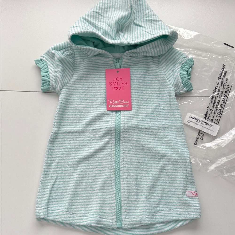 NWT Ruffle Butts Vintage Aqua Stripe Terry Full Zip Cover Up with Hood